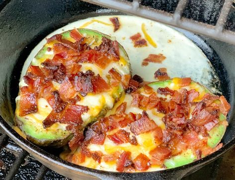 Breakfast Stuffed Avocados - The Cookin Chicks Avocado Recipes Breakfast, Stuffed Avocados, The Cookin Chicks, Stuffed Avocado, Stuffed Jalapenos With Bacon, Smoker Recipes, Crumbled Bacon, Breakfast Options, Low Carb Breakfast