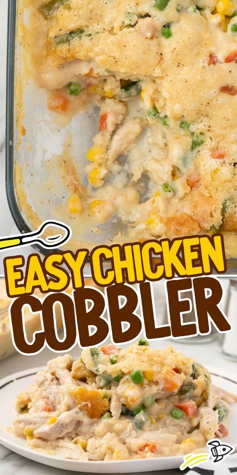 Chicken Cobbler Chicken Cobbler Recipe, Creamy Casserole, Delicious Casseroles, Chicken Cobbler, Delicious Entrees, Easy Casseroles, Red Lobster Cheddar Bay Biscuits, Recipes Using Rotisserie Chicken, Chicken Shredded