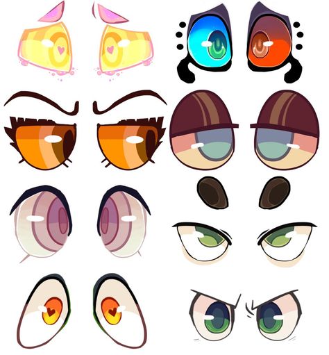 Villain Pose Reference Photo, Eye Drawing Ideas Cartoon, Eye Color Ideas Drawing, Eye Designs Drawing, Glasses How To Draw, Eye Art Styles Cartoon, Fursona Eyes Reference, Cartoony Artstyle Reference Eyes, Different Eye Styles Drawing