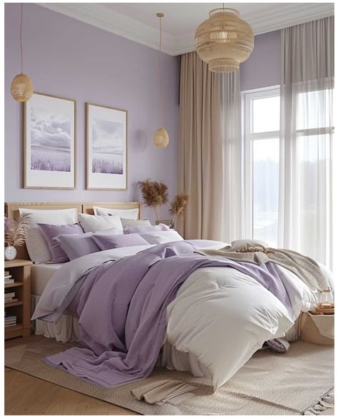 Bedroom Inspirations Purple Wall, Beige And Purple Bedroom, Muted Purple Bedroom, Lavender Walls Bedroom, Lilac Rooms, Lilac Bedroom Walls, Purple Room Ideas Bedrooms, Purple Paint Colors Bedroom, Peaceful Bedroom Colors