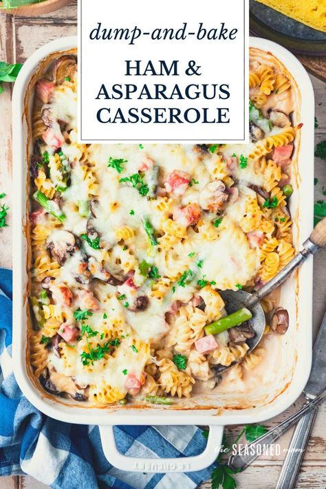 Welcome spring or take advantage of leftover Easter ham with this easy dump-and-bake ham and asparagus casserole! You don't even have to boil the pasta for the 10-minute comfort food supper, which includes tender noodles, smoky ham, and fresh vegetables in a creamy Alfredo sauce. Bake Ham, Leftover Ham Recipes Casseroles, Ham And Asparagus, Ham Asparagus, Ham Casserole Recipes, Leftover Easter Ham, Ham Dishes, Arugula Pasta, Asparagus Casserole