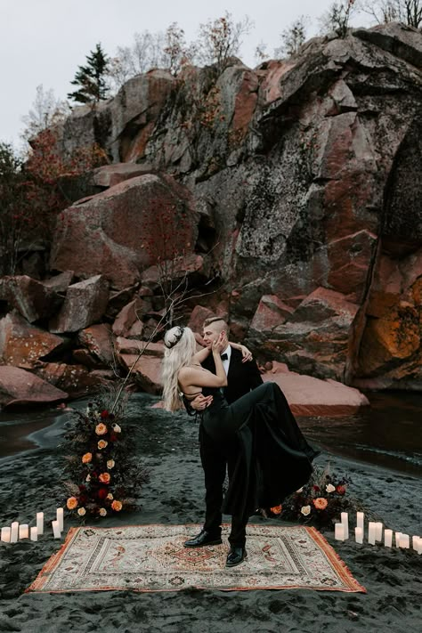 moody elopement \\ moody wedding \\ spooky wedding \\ tim burton wedding vibes \\ black beach elopement Halloween Elopement, Burgundy And Grey Wedding, Moody Elopement, Beach Wedding Black, Gothic Wedding Theme, Campground Wedding, Dark Wedding Theme, Backyard Celebration, Dark Beach