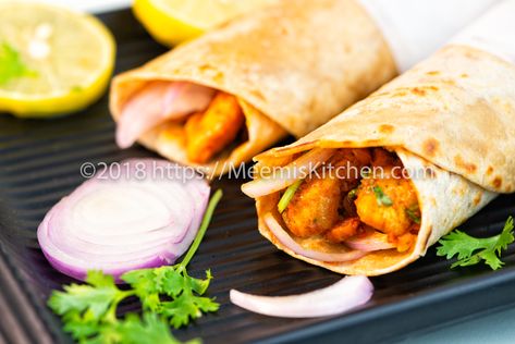 Recipe for Chicken Kathi Roll- Indian Chicken Roll- Chicken Kati roll Chicken Kathi Roll, Kerala Food Recipes, Kathi Roll Recipe, Kati Roll, Turkey Chorizo, Indian Chicken Dishes, Kathi Roll, Rolled Chicken Recipes, Chef Bobby Flay