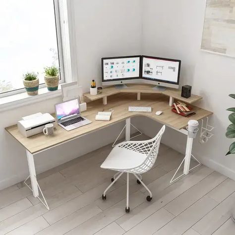 Top 28 Computer Desk Designs 2024: Transform Your Workspace Now - placeideal.com Studio In Casa, Gaming Corner, L Desk, L Shape Desk, Shaped Desk, Office Guest Room, Computer Gaming, Monitor Stand, Gaming Desk