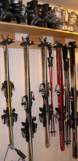 Greengate Ranch Remodel: Quick and Dirty Ski Rack for the Garage Ski Rack Garage, Boot Shelf, Ski Room, Garage Floor Paint, Ski Rack, Ranch Remodel, Garage Organization Diy, Garage Remodel, Ski House