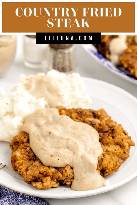 Crispy country fried steak is topped with a savory homemade gravy for classic comfort food in only 30 minutes! #countryfriedsteak #southerncooking #friedsteak Country Steak And Gravy, Fried Cubed Steak Recipes, Recipes Using Cube Steak, Country Fried Steak And Brown Gravy, Easy Country Fried Steak And Gravy, Homemade Country Fried Steak, How To Make Country Fried Steak, Country Fried Cube Steak And Gravy, Country Fried Steak And Gravy Recipe