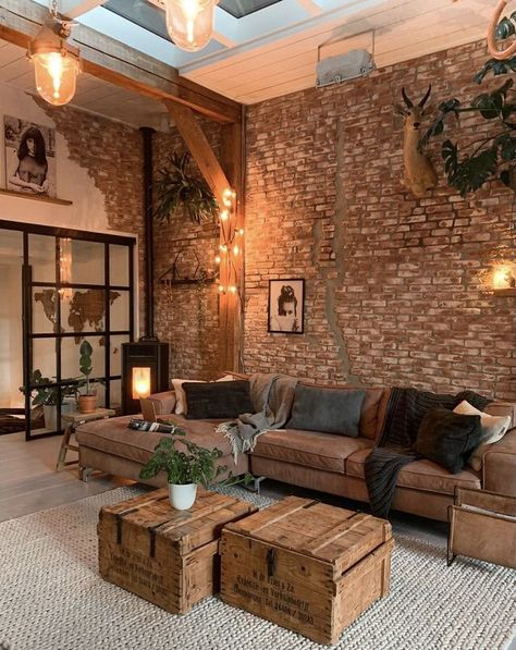 Brick Living Room, Interior Boho, Room Cozy, Industrial Interior Design, Boho Interiors, Brick Walls, Rustic Living, Industrial House, Stylish Home Decor