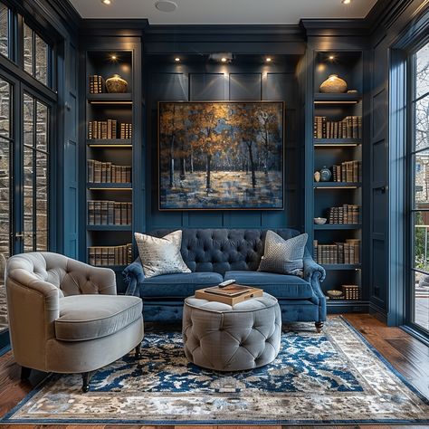 25 Home Library Rooms For Your New Place Ladies Library Room, Library Formal Living Room, Elegant Home Library, Transitional Library Room, Navy Blue Library Room, White Library Room, Library Lounge Room, Reading Rooms Ideas, Library Wall Color