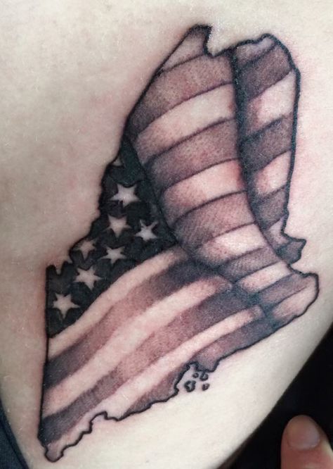 Maine State with American Flag tattoo Maine Tattoo Ideas, State Tattoo Ideas, Maine Tattoo, State Tattoos, Maine Flag, Maine State, Flag Tattoo, Hand Tattoos, American Flag