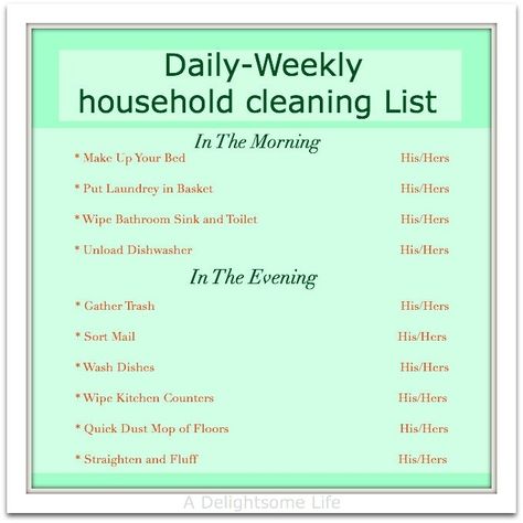 Daily Cleaning Checklist | daily-weekly cleaning list for couples! Great way to help each other ... Household Cleaning List, Daily Cleaning Lists, Weekly Cleaning List, Chore Schedule, Cleaning Quotes, Cleaning Schedule Printable, Weekly Chores, Clean House Schedule, Weekly Cleaning Schedule