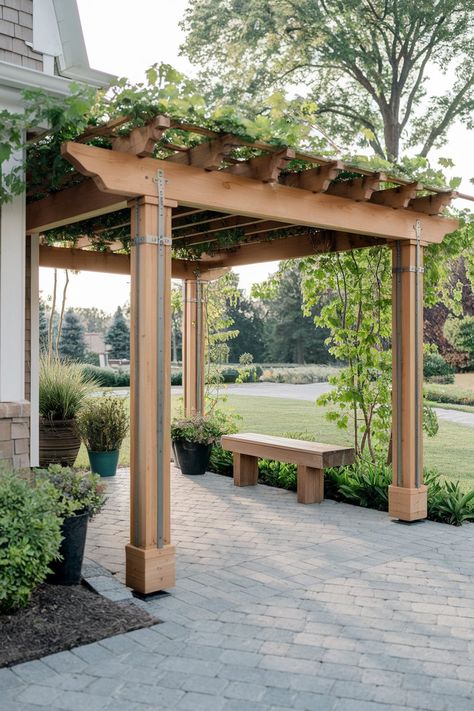 30 Modern Pergola Designs for Front Porches Pergola Over Walkway, Pergola Connected To House, Front Yard Pergola, Gable Pergola, Yard Pergola, Modern Pergola Designs, Attached Pergola, Building Things, Outdoor Cooking Area