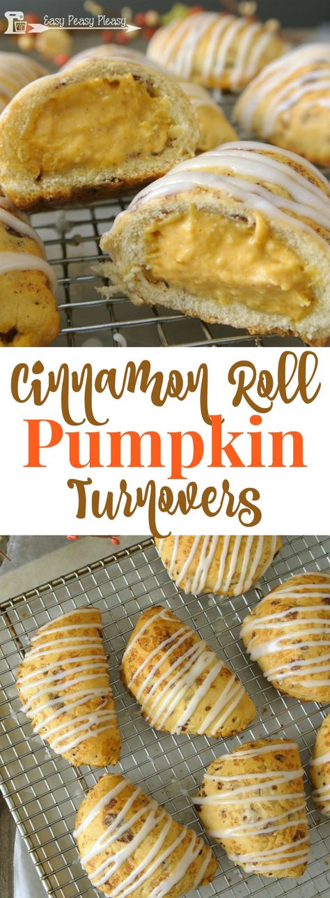 Easy 5 Ingredient Cinnamon Roll Pumpkin Turnovers are delicious with the help of canned cinnamon rolls. Pumpkin Turnovers, Cinnamon Roll Pumpkin, Pumpkin Foods, Canned Cinnamon Rolls, Autumn Foods, Pumpkin Breakfast Recipes, Fall Dec, Dessert Breads, Vacation Food