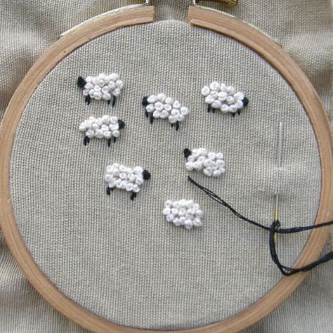 These sheep are such a fun use of the French knot! Diy Embroidery Shirt, Knot Tutorial, French Knot Embroidery, Lambada, Pola Sulam, French Knot, Simple Embroidery, 자수 디자인, Sewing Embroidery Designs