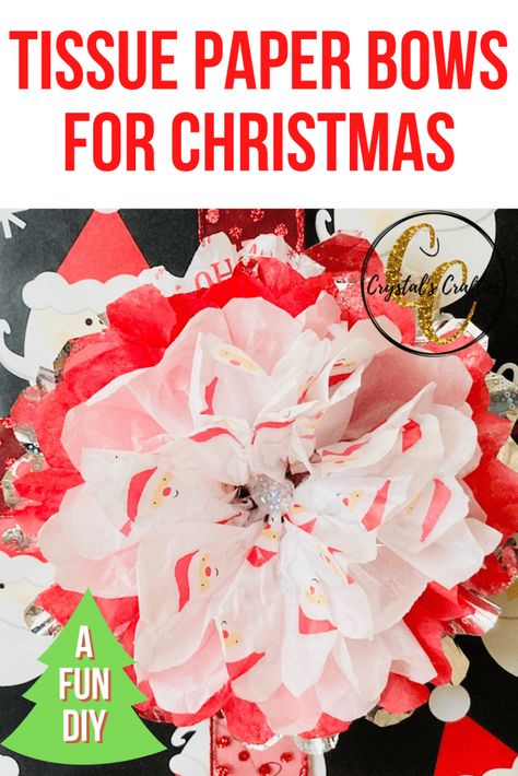 Tissue Paper Bows Diy, Tissue Paper Christmas Decorations, Christmas Tissue Paper Crafts, Tissue Paper Christmas Crafts, Paperbag Crafts, Tissue Paper Bow, Paper Bows Diy, Tissue Paper Flowers Easy, Tissue Paper Decorations