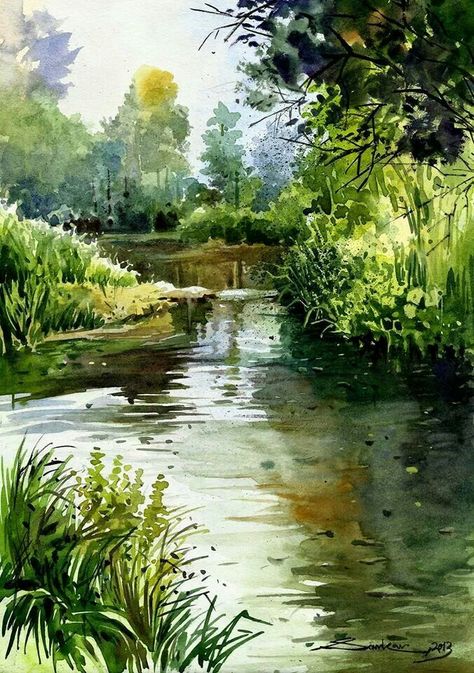 Watercolor landscape forest stream river water 수채화 그림, Watercolor Landscape Paintings, Watercolor Trees, Watercolor Inspiration, Water Painting, Colorful Landscape, Watercolor Techniques, Art Watercolor, Watercolor Landscape