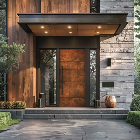 Outdoor Recessed Lighting, Wooden Door Entrance, Modern Entrance Door, Entrance Door Design, Door Design Modern, Door Design Interior, Main Door Design, Entrance Design, Modern Mansion