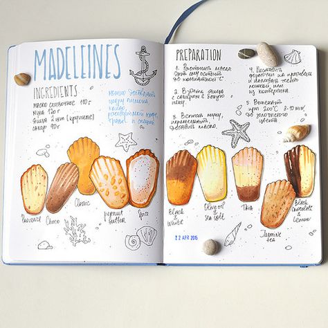 5-365 | Anna Rastorgueva | Flickr Madeline Cookies, Homemade Recipe Books, Recipe Book Design, Madeleine Recipe, Recipe Book Diy, Recipe Drawing, Food Sketch, Watercolor Food, Illustration Food