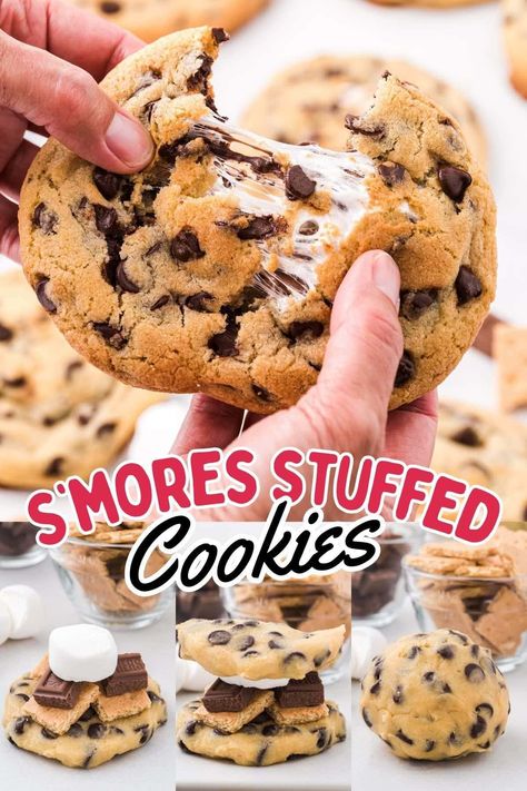 S’mores cookies are an insane dessert that combines two of everyone’s favorite treats, the classic campfire s’more, and a traditional homemade chocolate chip cookie. Graham crackers, chocolate, and marshmallow stuffed into a soft and chewy cookie...Could it possibly get any better than a s'mores stuffed cookie? Dessert Graham, Smores Cookies Recipes, Stuffed Cookies, Pinky Girl, Homemade Chocolate Chip Cookies, Smores Cookies, Chocolate Marshmallow, Sugar Free Cookies, Filled Cookies