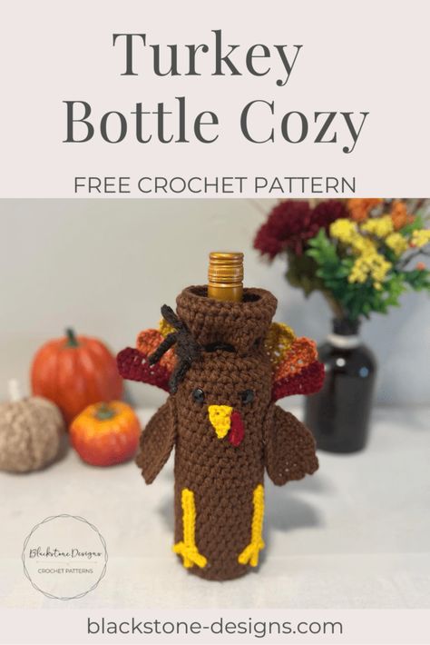 Crochet Christmas Wine Bottle Cover, Bottle Cozy Crochet Pattern, Thanksgiving Crochet Patterns, Wine Cozy, Crochet Turkey, Wine Wrap, Thanksgiving Crochet, Bottle Cozy, Thanksgiving Wine