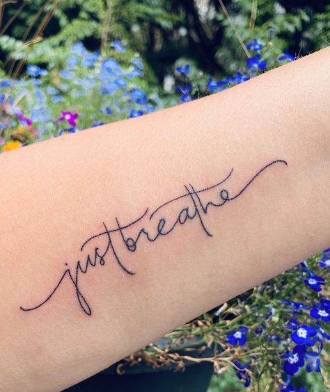 Just Breathe tattoo | Just breathe tattoo, Cursive tattoos, Word tattoos The Word Breathe Tattoo, Breath Wrist Tattoo, Tattoos For Starting Over, Breathe In Breathe Out Tattoo, Remember To Breathe Tattoo, Just Breathe Symbol Tattoo, Let Them Tattoo On Arm, Just Breathe Quotes Tattoo, Just Breathe Wrist Tattoo