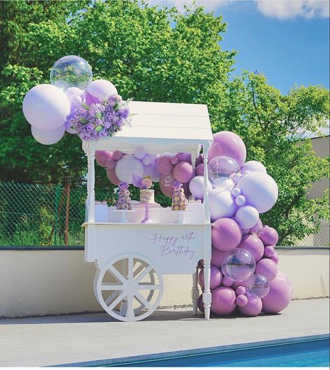 Candy Cart Decoration Ideas, Candy Cart Balloon Garland, Cart Balloon Decor, Dessert Cart With Balloons, Candy Cart Birthday, Candy Cart Decoration, Cart With Balloons, Cart For Party, Candy Cart Ideas