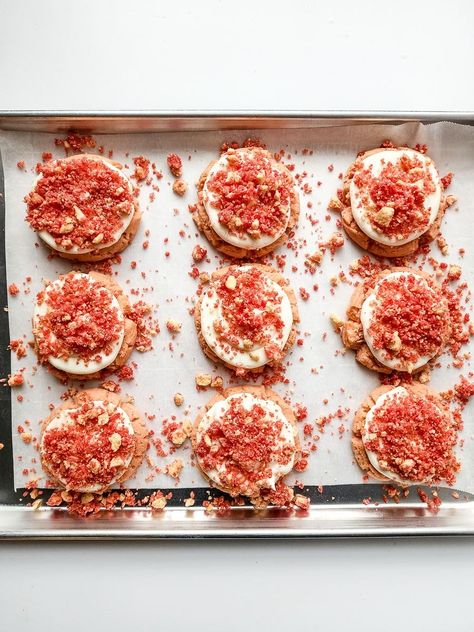 Crumbl Strawberry Crumb Cake Cookie, Strawberry Cheesecake Crunch Cookies, Strawberry Crunch Cake Cookies, Strawberry Crunch Sugar Cookies, Strawberry Cookies Crumbl, Strawberry Shortcake Crumble Cookies, Crumbl Wedding Cake Cookie, Strawberry Crunch Cookies Recipe, Captain Crunch Cookies