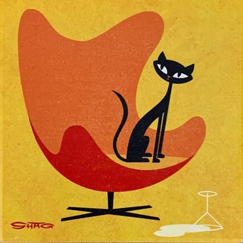 Retro Cat Art, Retro Cat Illustration, 50s Illustration, Atomic Age Art, Diy Midcentury, Mid Century Cat Art, Mid Century Cat Illustration, Atomic Kitty, Shag Art