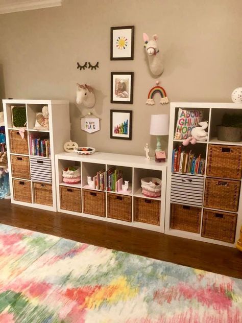 Kallax Storage Toys, Ikea Cube Storage Hack Playroom, Kallax Styling Playroom, Playroom Storage Cubes, Kallax Playroom Ideas, Playroom Small Space, Ikea Kallax Kids Room, Playroom Cube Storage Ideas, Storage Cube Ideas