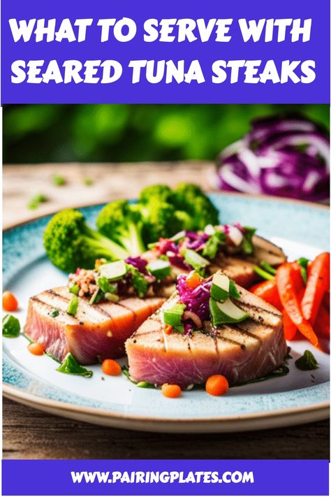 🔥🐟 Elevate your seared tuna game with these delicious side dishes! #tunasteaks #sidedishes #yum What To Serve With Tuna Steaks, Sides For Ahi Tuna Steaks, Side Dishes For Tuna Steak, Seared Ahi Tuna Sides, Steak Accompaniments, How To Prepare Tuna Steaks, Seared Tuna Steaks, Balsamic Carrots Roasted, Tuna Dishes