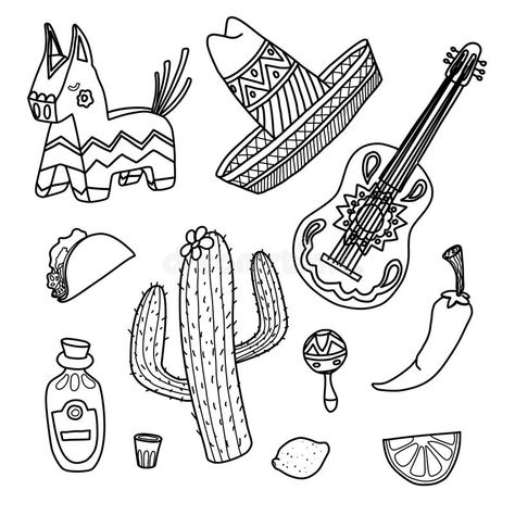 Cinco De Mayo Tattoo Ideas, Mexican Doodles Art, Mexican Flash Tattoo, Mexican Fine Line Tattoo, Mexican Doodles, Mexican Illustration Art, Mexico Inspired Tattoo, Mexico Tattoo Ideas, Mexican Flag Tattoos