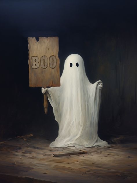 Cute Ghost Holding Sign Little Ghost Painting, Ghost Art Aesthetic, Sheet Ghost Art, Oregon Halloween, Occult Art Dark, Halloween Vintage Art, Aesthetic Living Room Ideas, Ghost Paintings, Ghost Poster