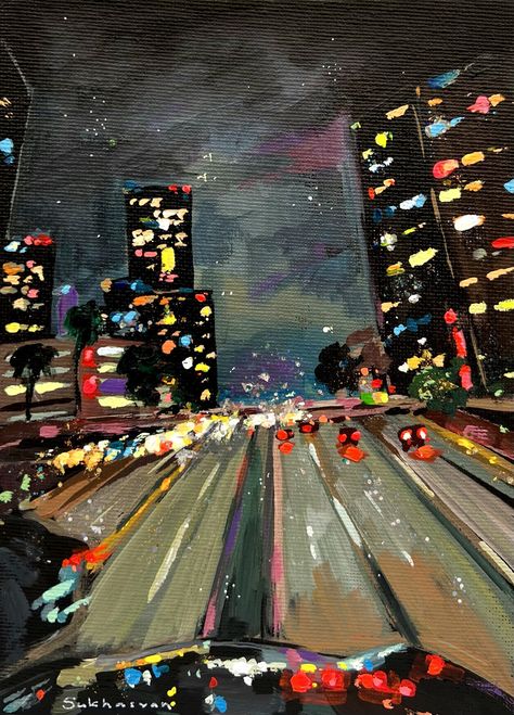 Original acrylic and glitter painting 5x7 inches (12x18 cm) on canvas panel by Victoria Sukhasyan. Artist biography, signed postcard and business card included with each order. Abstract Painting Cityscapes, Urban Environment Art, Cityscape Artists, Glitter Paint Canvas, Victoria Sukhasyan, Los Angeles Cityscape, Cityscape At Night, Glitter Painting, Building Painting