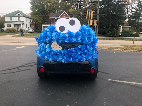 Elmo Trunk Or Treat Ideas, Cookie Monster Car Trunk Or Treat, Diy Cookie Monster Trunk Or Treat, Cookie Monster Truck Or Treat Ideas, Trunk Or Treat Blue Car, Cookie Monster Trunk Or Treat, Cookie Monster Truck Or Treat, Halloween Mural, Fall Festival Activities