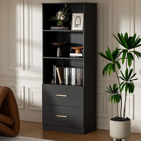 PRICES MAY VARY. 【Ample Storage Space & Adjustable Shelf】- This black bookshelf features 3 open shelves perfect for displaying artwork, awards, books, pictures, and other items, meeting all your storage needs. The bottom 2 drawers provide hidden space for your personal belongings. The adjustable shelf allows you to customize the storage space according to your needs. Bookcase Dimensions: 23.6" W x 13.8" D x 63" H. 【Casual Luxury with Arc Wave Design】- The panels of this modern white bookcase boa Black Office Shelves, Bookshelf With Drawer, Apartment Bookshelf Ideas, Book Case Ideas, Black Bookshelf Decor, Office Shelving Ideas, Mobile Bookstore, Apartment Bookshelves, Bookshelf With Drawers