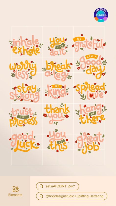 Canva Elements: Cute Uplifting Letterings canvatemplates #canvasetkeywords #aestheticcanvakeryword #canvaproelements #canvaaestheticelement Aesthetic Elements Canva, Canva Assets, Elements Quote, Etsy Pod, Canva Keywords Elements, Canva Inspiration, Canva Hacks, Canva Keywords, Canva Frames