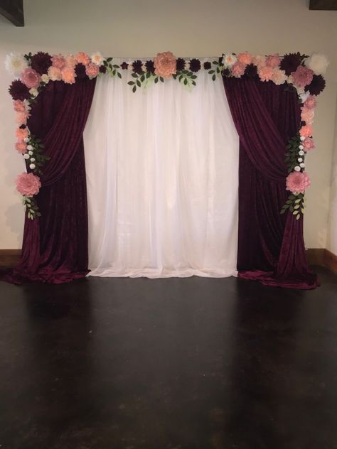 Made with lots of love here we have an 8' x 10' crepe paper flower backdrop.  Designed with a touch of lifelike flowers, roses, peonies and dhalias. Decor Lamaran, Pink And Cream Wedding, Burgundy Backdrop, Backdrop Draping, Burgundy And Grey Wedding, Burgundy Quinceanera, Wedding Backdrop Ideas, Paper Flower Backdrop Wedding, Indian Wedding Decorations Receptions