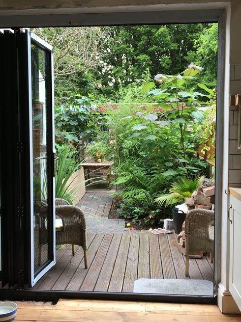 Terrace Courtyard Garden, Dark Corner Garden Ideas, Green Bifold Doors, London Townhouse Garden, Small Bifold Doors Onto Patio, Small Bifold Doors, Edible Garden Landscape, Small Courtyard Ideas Garden Nook, House Small Garden