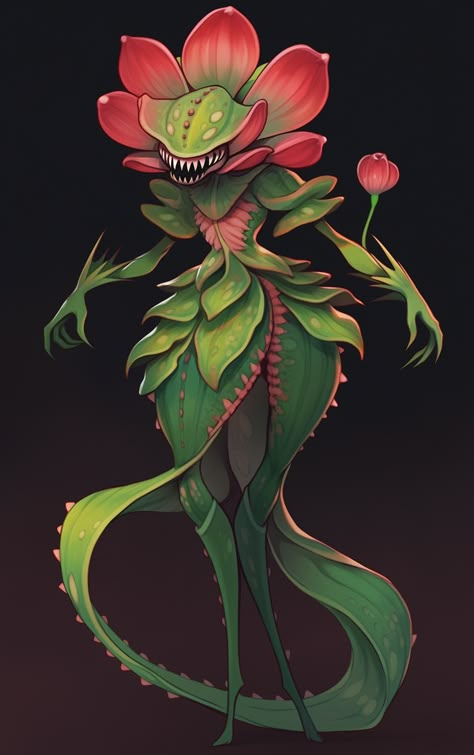 Venus Fly Trap Humanoid, Venus Flytrap Character Design, Plant Animal Hybrid Art, Humanoid Plant Concept Art, Plant Monster Drawing, Venus Fly Trap Character Design, Plant Alien Humanoid, Plant Monster Concept Art, Plant Creature Concept Art