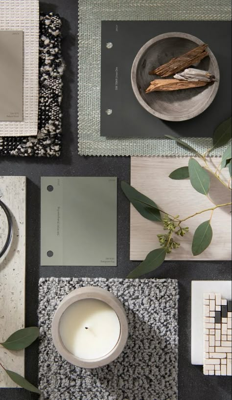 Green And Grey Mood Board, Spa Lounge Area, Mood Board Japandi, Sage Green Mood Board, Japandi Condo, Adele House, Color Palette Mood Boards, Japandi Color Palette, Green Kitchen Backsplash