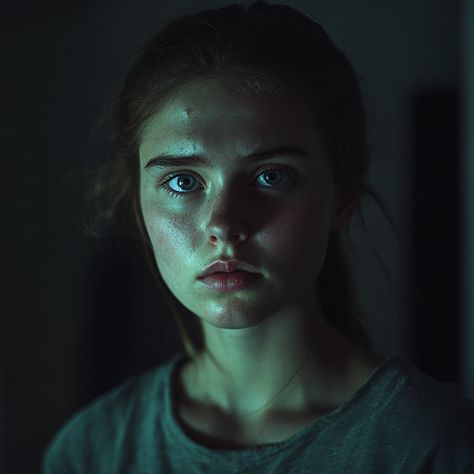 This image depicts a young woman with an intense, sorrowful expression, set against a dimly lit background. Her eyes convey deep emotions, with a mixture of sadness and vulnerability, as if she is lost in painful thoughts. Soft, shadowed lighting emphasizes her facial features, creating a sense of isolation and introspection. The overall tone is muted, enhancing the somber, contemplative atmosphere. Emotions In Photography, Intense Facial Expression, Expressions Photography, Deep Emotions, Angry Face, Face Photography, Facial Features, Her Eyes, Facial Expressions