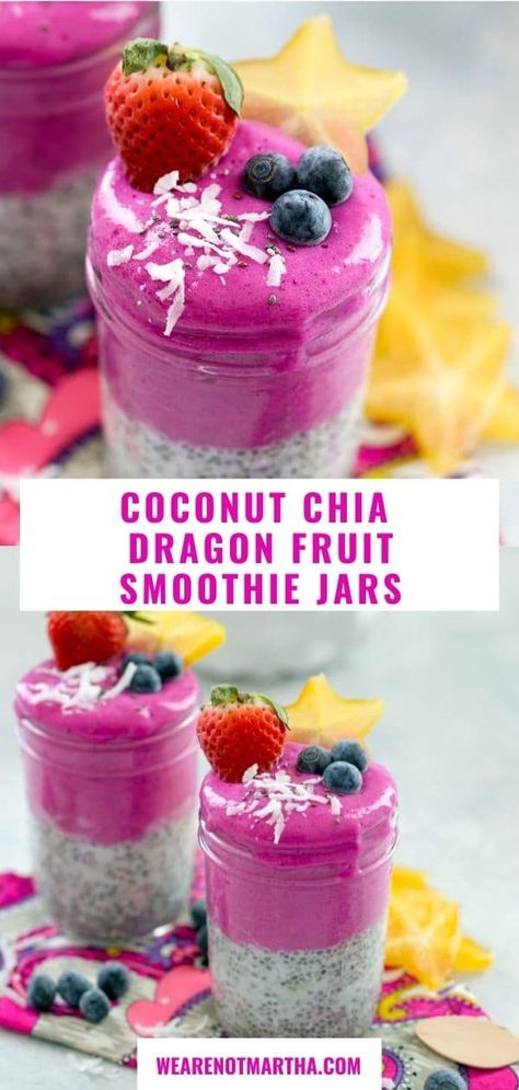 Dragon Fruit Powder Recipes, Dragon Fruit Chia Pudding, Healthy Dragon Fruit Smoothie, Dragon Fruit Smoothie Bowl Recipe, Smoothie Bowl Dragon Fruit, Dragon Fruit Powder, Chia Seed Jam Frozen Fruit, Dragonfruit Recipes, Smoothie Jar