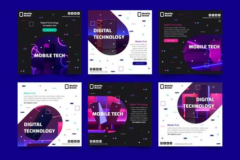 Mobile tech instagram posts collection | Free Vector #Freepik #freevector Technology Design Graphic, Technology Posts, Mobile Tech, Instagram Template Design, Tech Branding, Instagram Grid, Social Media Poster, Instagram Feed Inspiration, Banner Template Design