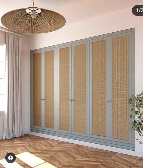 Coastal Closet Ideas, Natural Wood Closet Doors, Rattan Built In Wardrobe, Jute Wardrobe, Rattan Closet Doors, Wardrobe Restoration, Wardrobe With Rattan, Scandi Wardrobe, Rattan Wardrobe