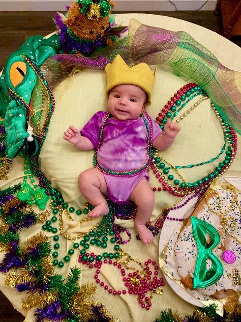 Mardi Gras baby photoshoot. The baby in the King Cake, too cute! Baby Mardi Gras Photoshoot, Mardi Gras Baby Photo Shoot, Mardi Grad, Baby Boy Newborn Pictures, Monthly Baby Pictures, King Cake, Fat Tuesday, Everything Baby, Newborn Pictures