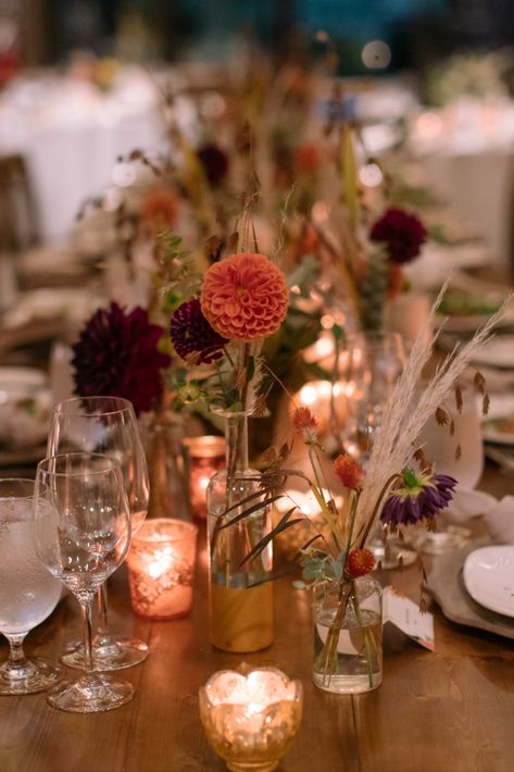 Fall Farm Table Wedding, Wildflower Wedding Vases, One Flower Vase Wedding, Amber Bottle Centerpiece, Pampas Grass Bud Vase Centerpiece, Dried Flowers Wedding Centerpieces Fall Arrangements, Fall Flower Table Centerpieces, Terracotta Wedding Bud Vases, Fall Wedding Farm Table Decor