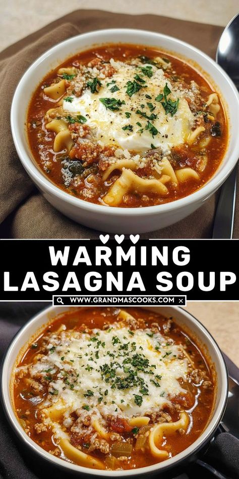 Warm up with a bowl of this flavorful Lasagna Soup! Loaded with pasta, ground beef, and all the classic lasagna flavors, it’s the perfect comfort food for any night of the week. Lasagna Soup Macy Blackwell, Soups Recipes Lasagna, Lasagne Soup Recipe Ground Beef, Stovetop Lasagna Soup, Skinnytaste Lasagna Soup, Pasta Bowl Recipes, Lazania Soup Recipe, Beef And Pasta Soup, Easy Lasagna Soup Crockpot