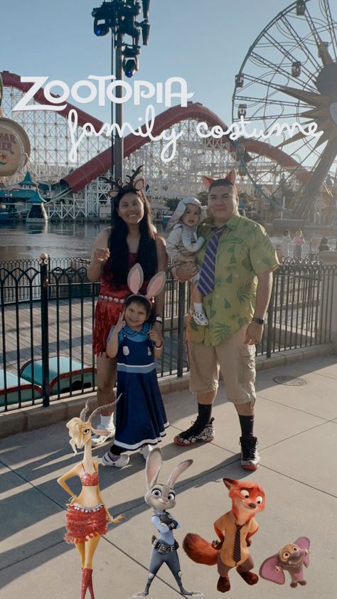 A family at Disneys California Adventure Park wearing a Zootopia family costume. The mom is dressed up as Giselle, the daughter is Judy Hops, the son is an elephant and the dad is Nick Wilde. Zootopia Family Costume, Zootopia Costume, Disney Family Costumes, Kids Disney Outfits, Camp Dress, Disney Zootopia, Disneyland Outfits, Oogie Boogie, Halloween Baby