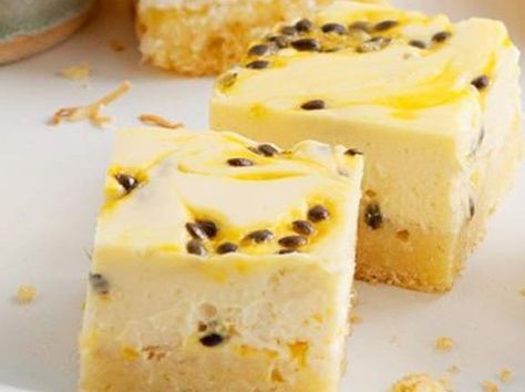 Passionfruit Cheescake Thermomix Slice Passionfruit Slice, Vanilla Slice Recipe, Cakes Slices, Cheesecake Slice, Passionfruit Cheesecake, Recipes Cheesecake, Swirl Cheesecake, Coconut Slice, Slice Recipe