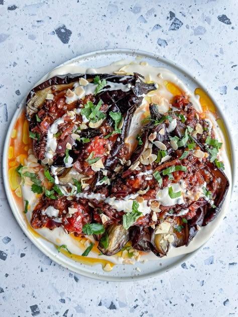 Aubergine With Saucy Harissa Lentils and Whipped Tahini Harissa Lentils, Lentil Ragu, Roasted Aubergine, Healthy Beans, Tahini Recipe, Casual Dining Restaurant, Tahini Sauce, Healthy Veggies, Arabic Food