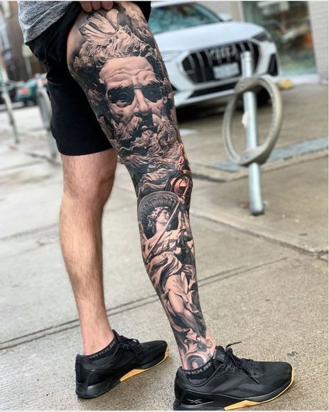 Guy Thigh Tattoo, Inner Thigh Tattoos, Voll Arm-tattoos, Thigh Tattoo Men, Tattoo Pierna, Poseidon Tattoo, Zeus Tattoo, Full Leg Tattoos, Greek Mythology Tattoos